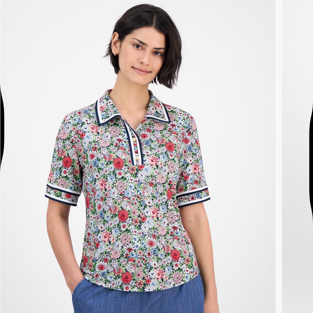 Nautica - Floral Polo Shirt with Black Trim - L